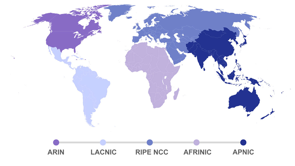 五大洲互联网地址分配中心区域范围图