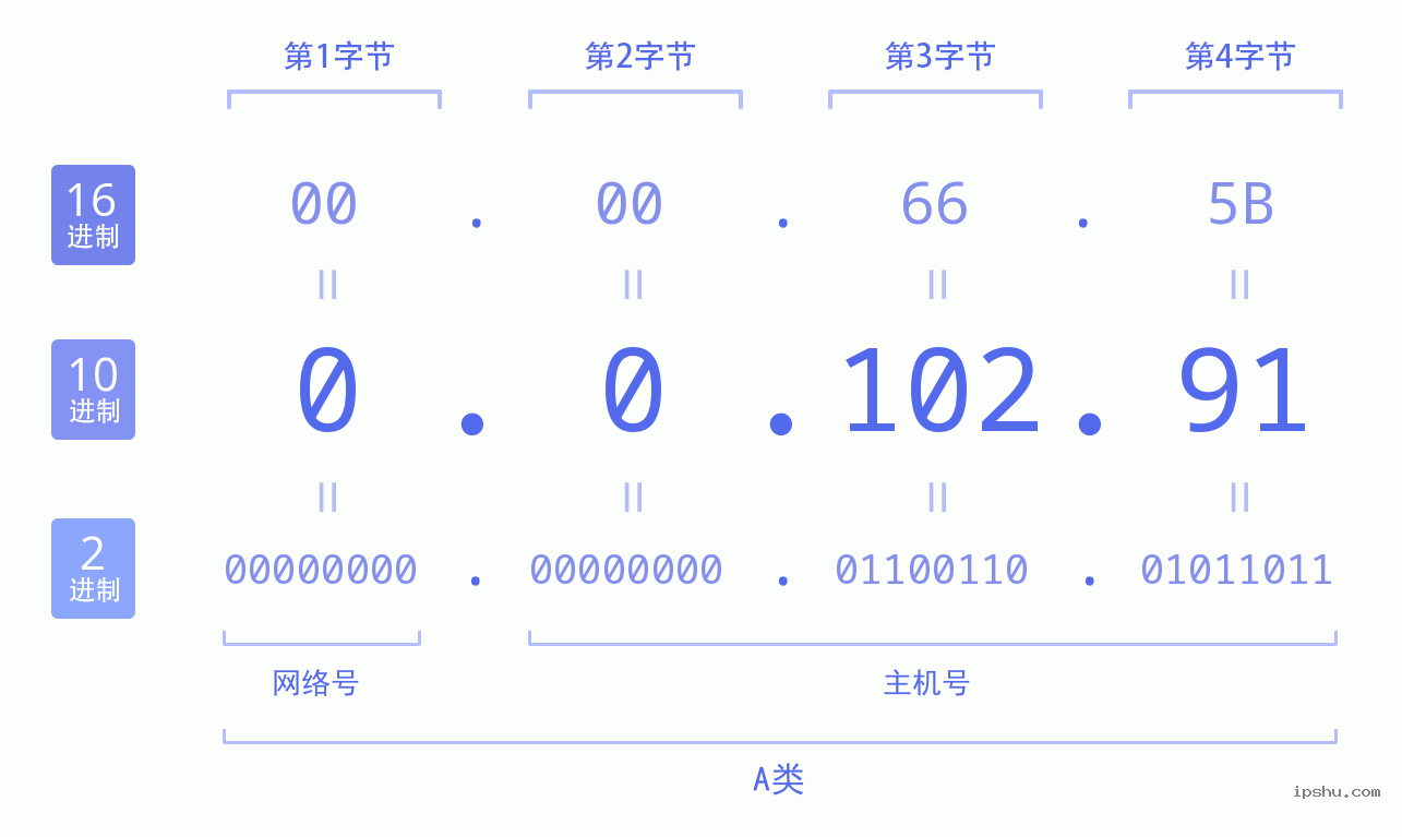 IPv4: 0.0.102.91 网络类型 网络号 主机号