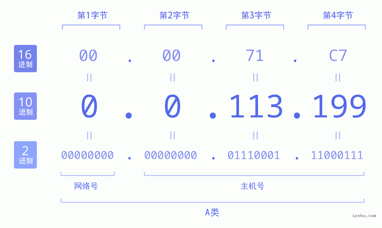 IPv4: 0.0.113.199 网络类型 网络号 主机号