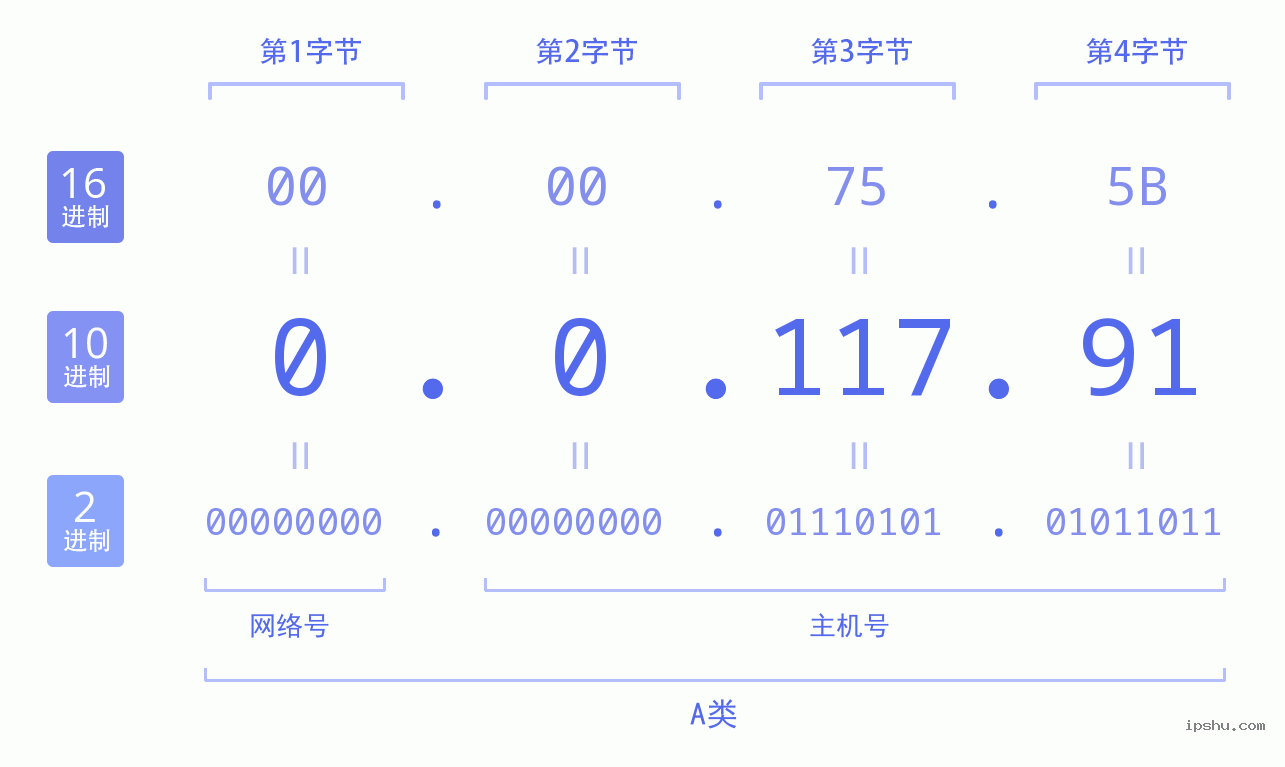 IPv4: 0.0.117.91 网络类型 网络号 主机号