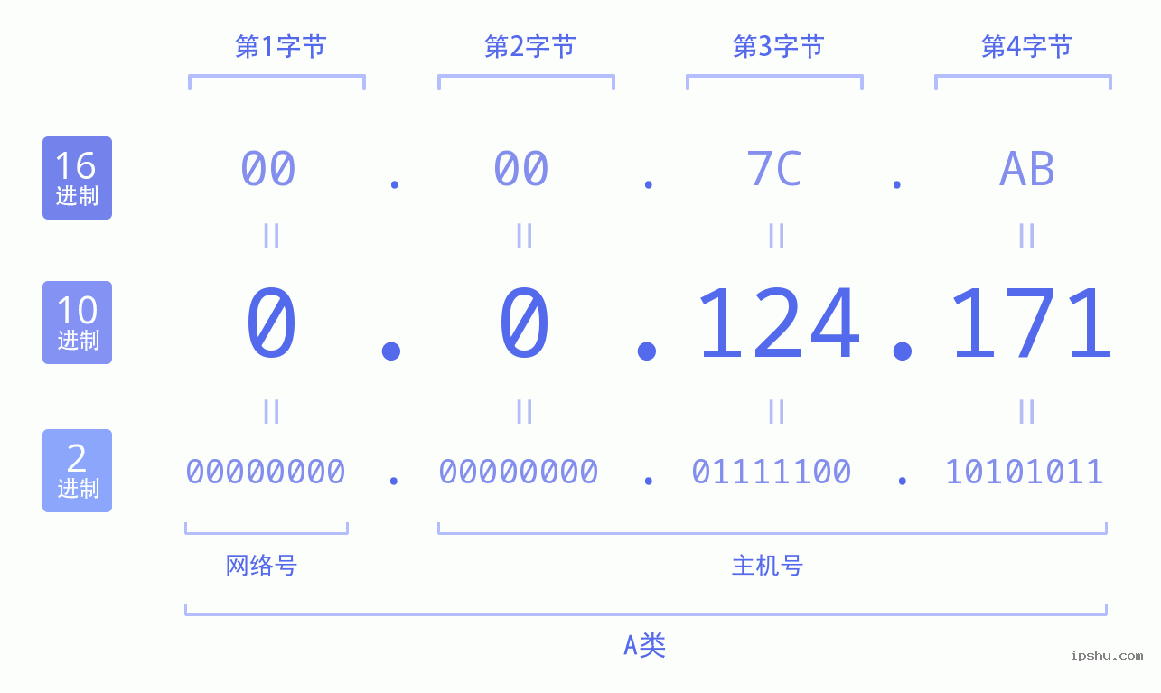 IPv4: 0.0.124.171 网络类型 网络号 主机号