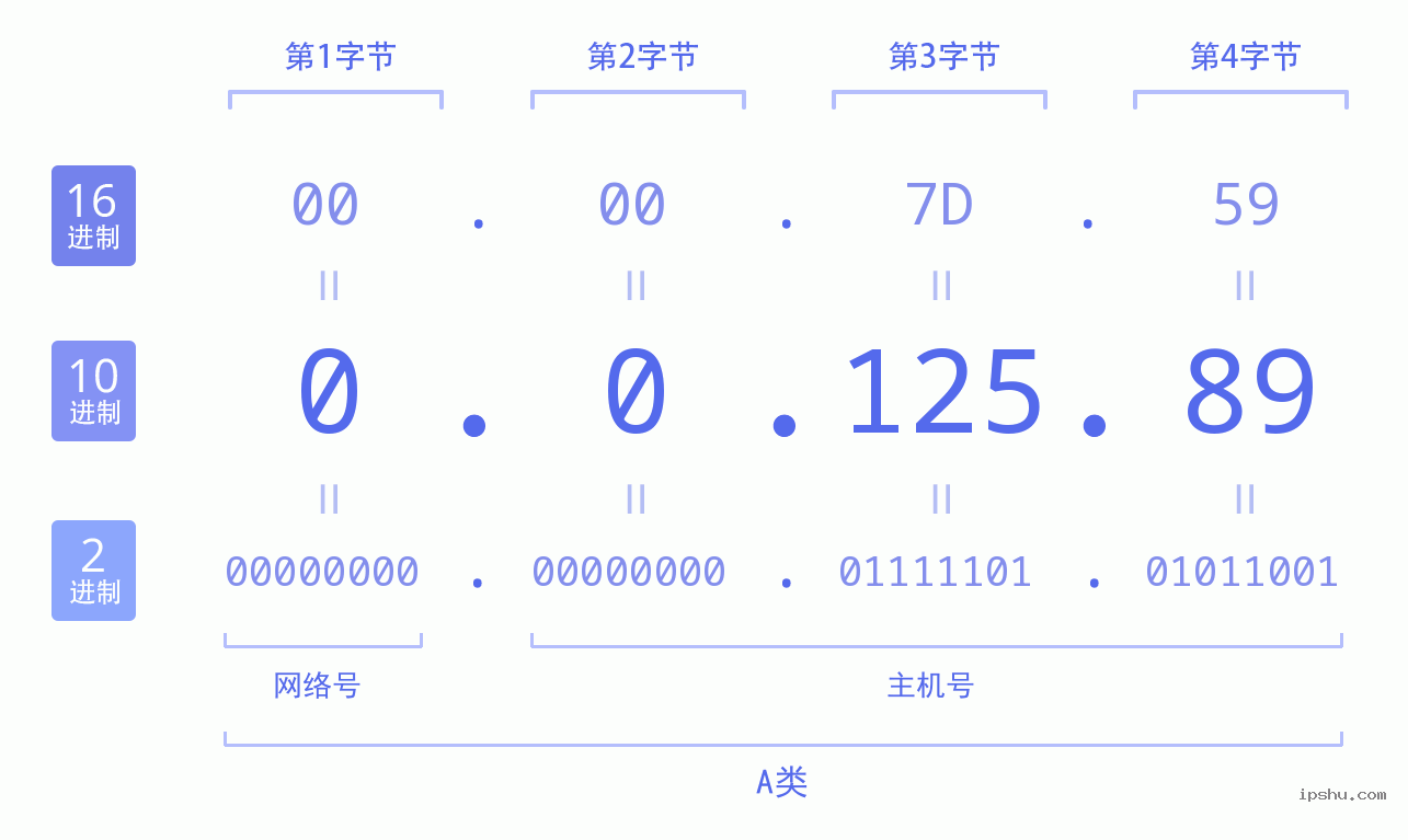 IPv4: 0.0.125.89 网络类型 网络号 主机号