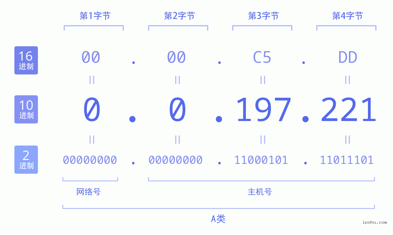 IPv4: 0.0.197.221 网络类型 网络号 主机号