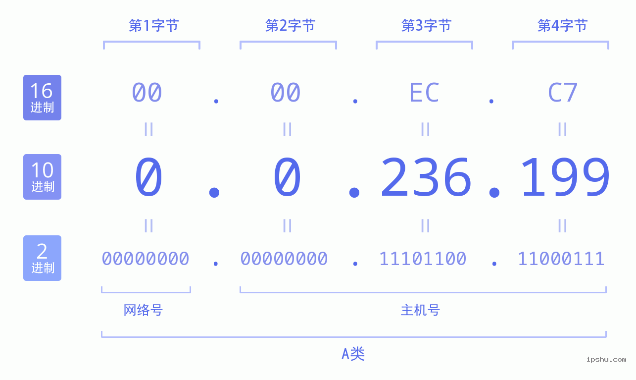 IPv4: 0.0.236.199 网络类型 网络号 主机号