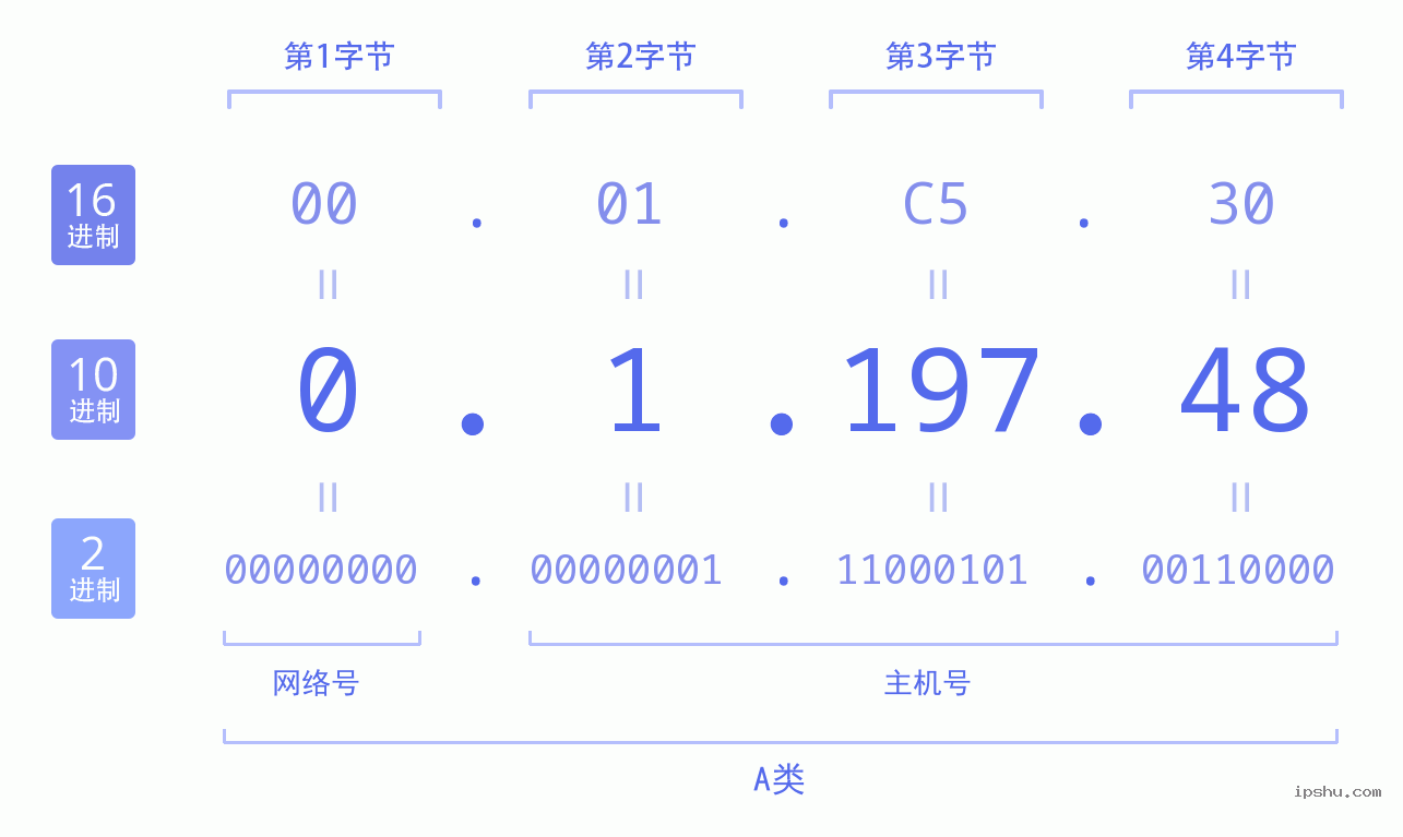 IPv4: 0.1.197.48 网络类型 网络号 主机号