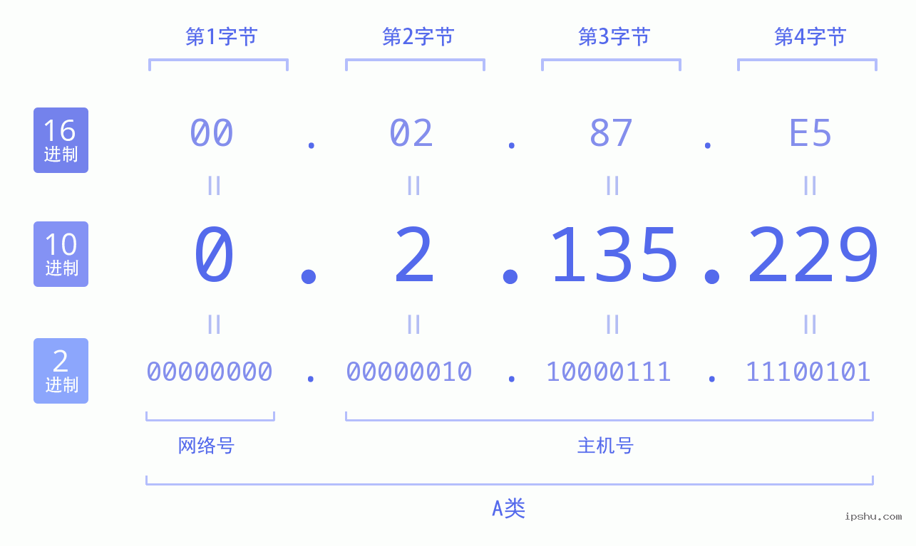 IPv4: 0.2.135.229 网络类型 网络号 主机号