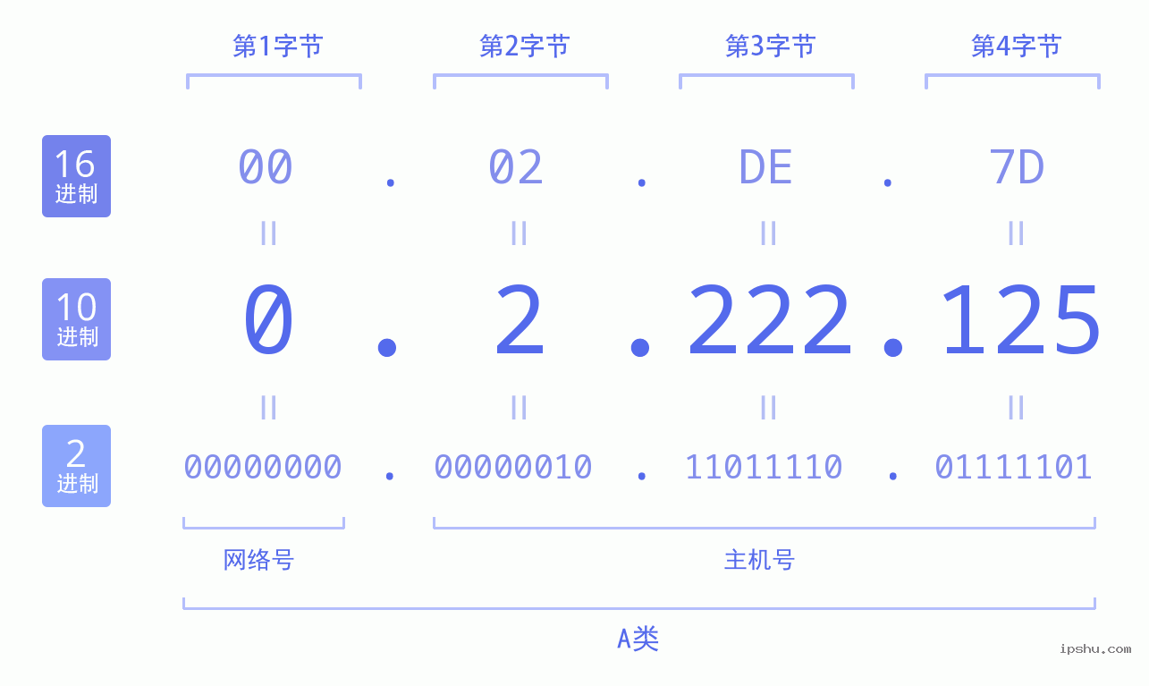 IPv4: 0.2.222.125 网络类型 网络号 主机号