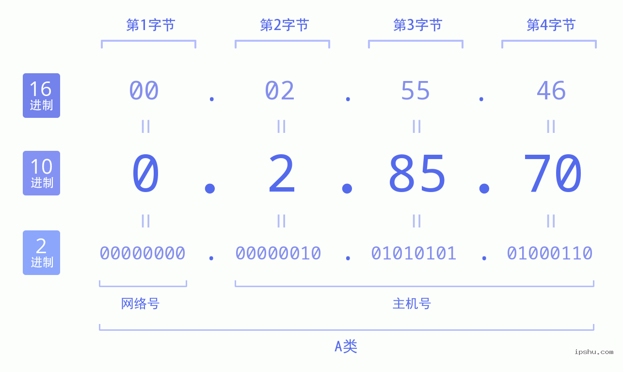 IPv4: 0.2.85.70 网络类型 网络号 主机号