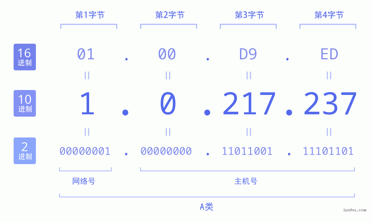 IPv4: 1.0.217.237 网络类型 网络号 主机号