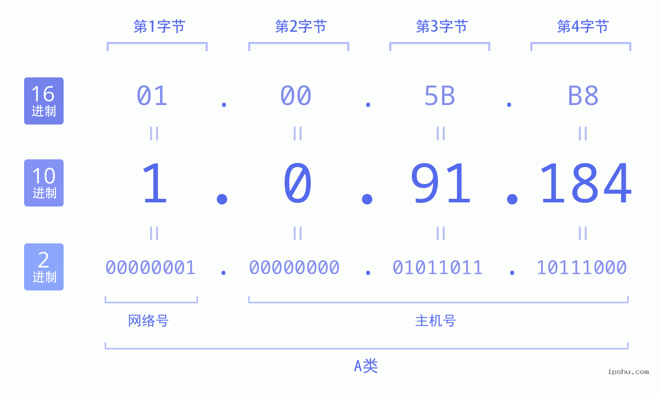 IPv4: 1.0.91.184 网络类型 网络号 主机号