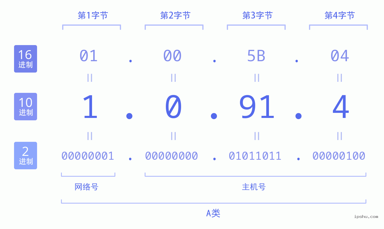 IPv4: 1.0.91.4 网络类型 网络号 主机号