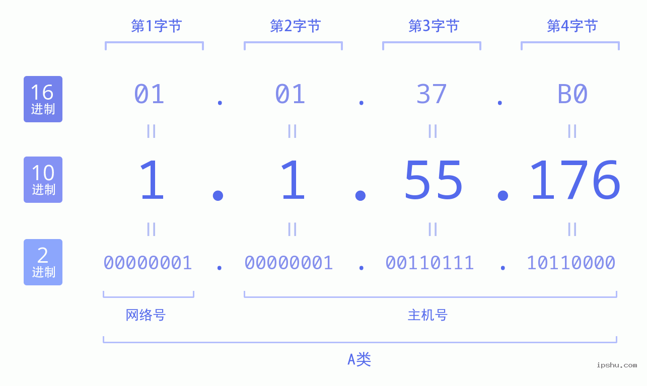 IPv4: 1.1.55.176 网络类型 网络号 主机号