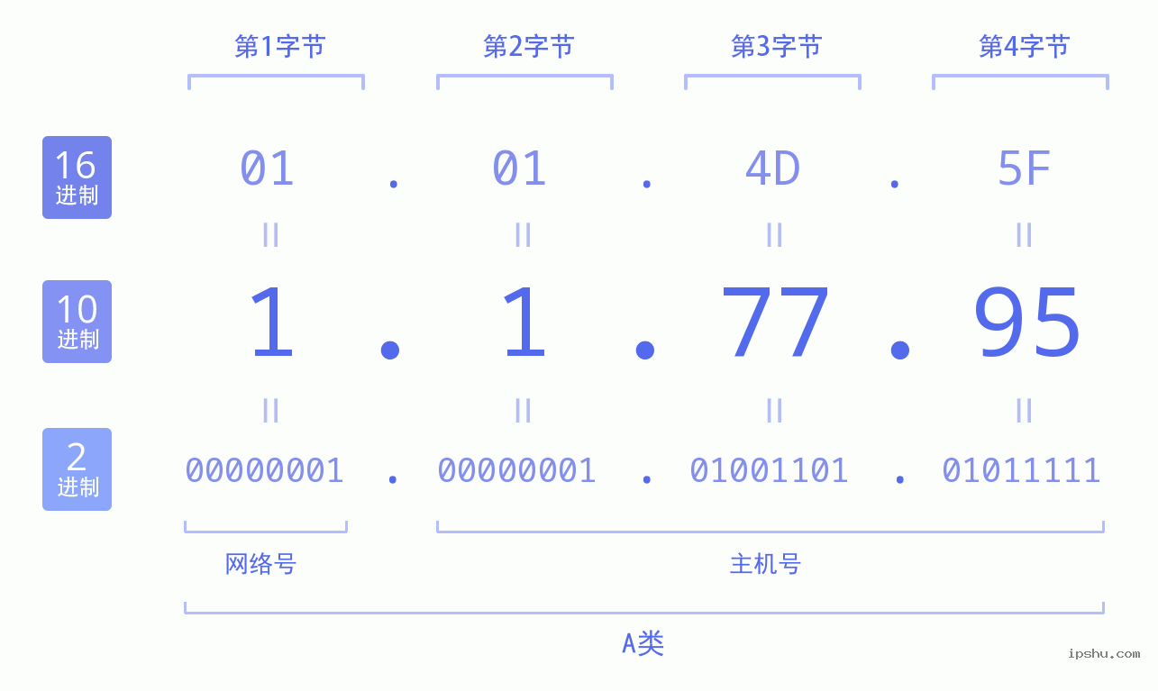 IPv4: 1.1.77.95 网络类型 网络号 主机号