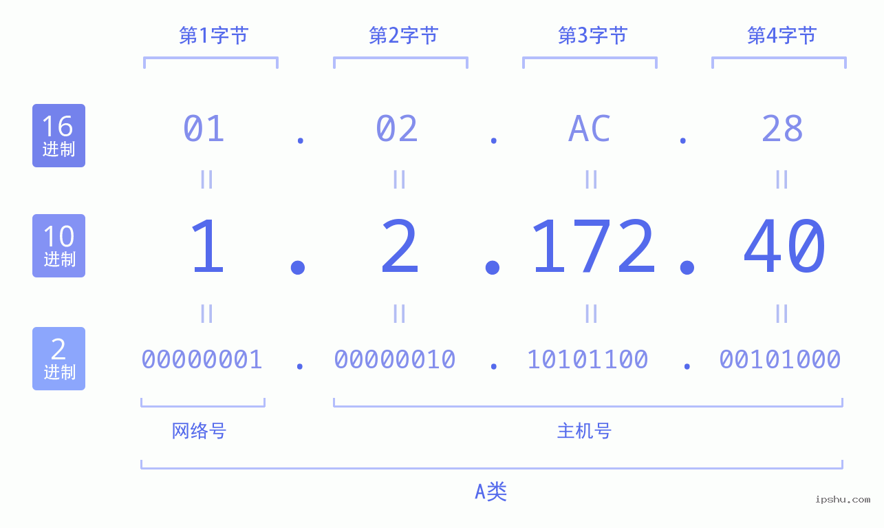 IPv4: 1.2.172.40 网络类型 网络号 主机号