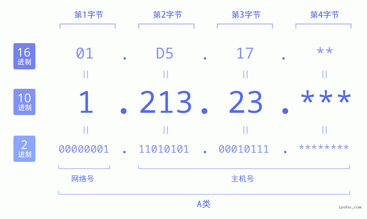 IPv4: 1.213.23 网络类型 网络号 主机号