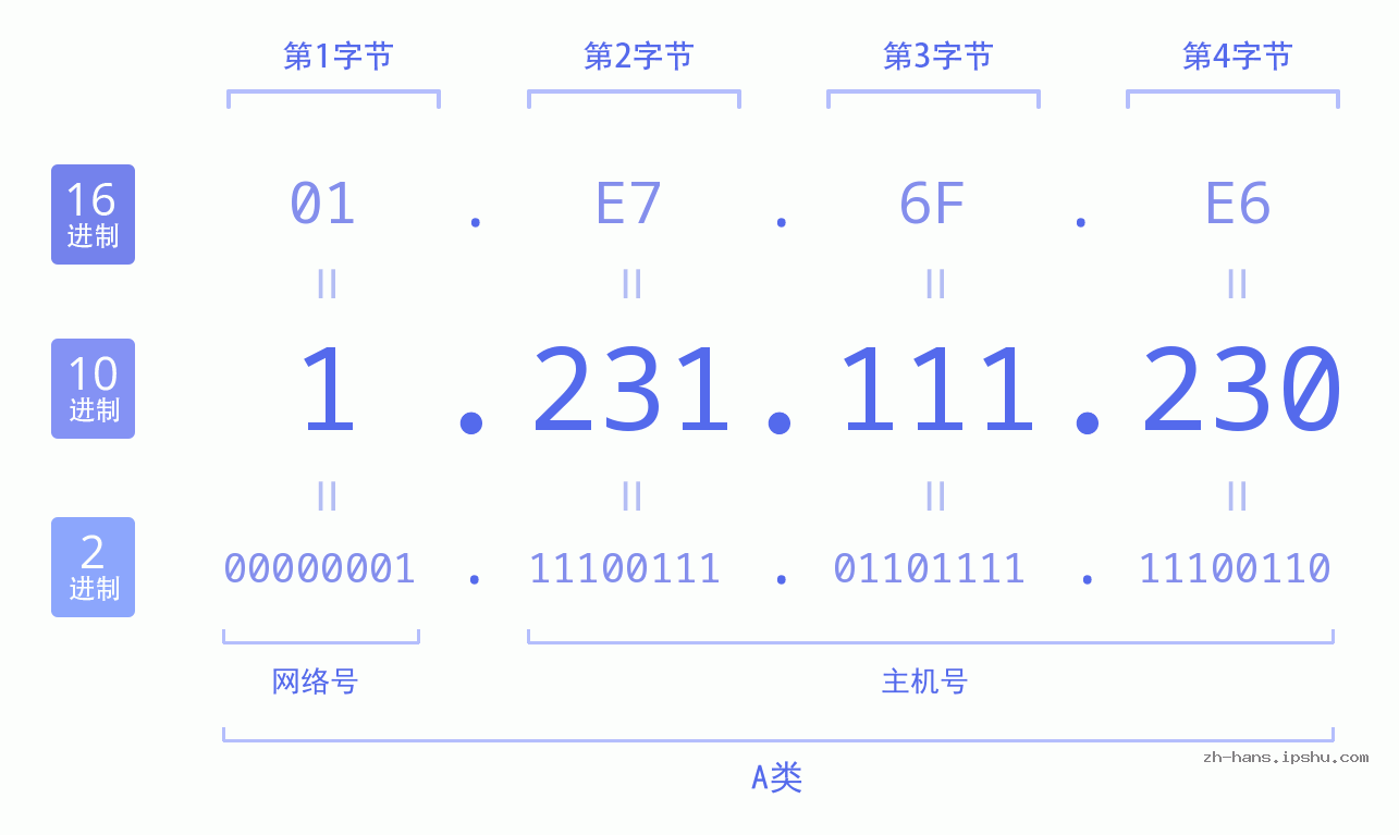 IPv4: 1.231.111.230 网络类型 网络号 主机号