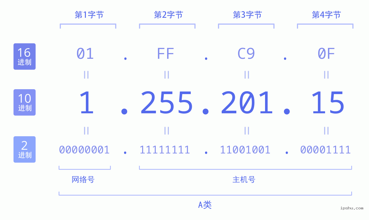 IPv4: 1.255.201.15 网络类型 网络号 主机号