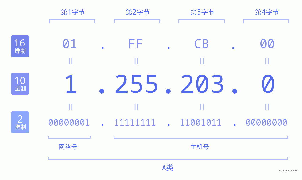 IPv4: 1.255.203.0 网络类型 网络号 主机号