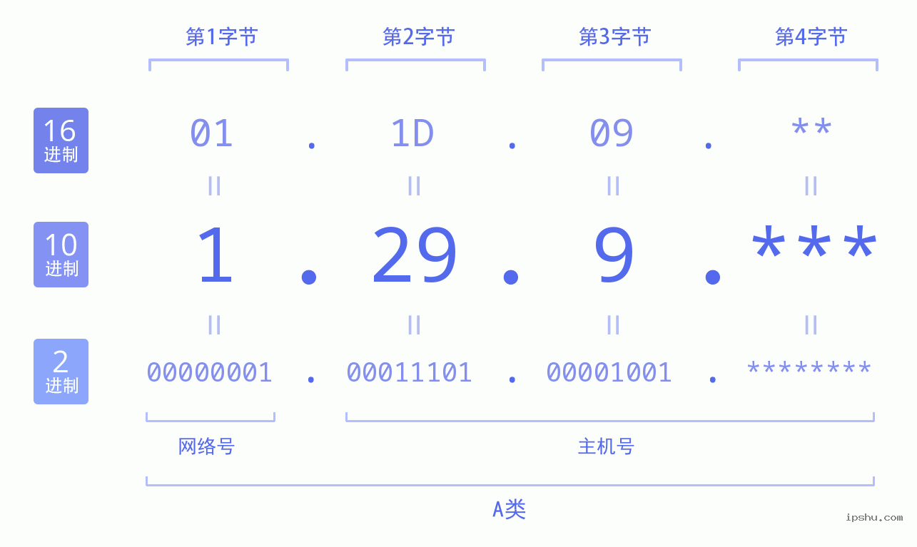 IPv4: 1.29.9 网络类型 网络号 主机号