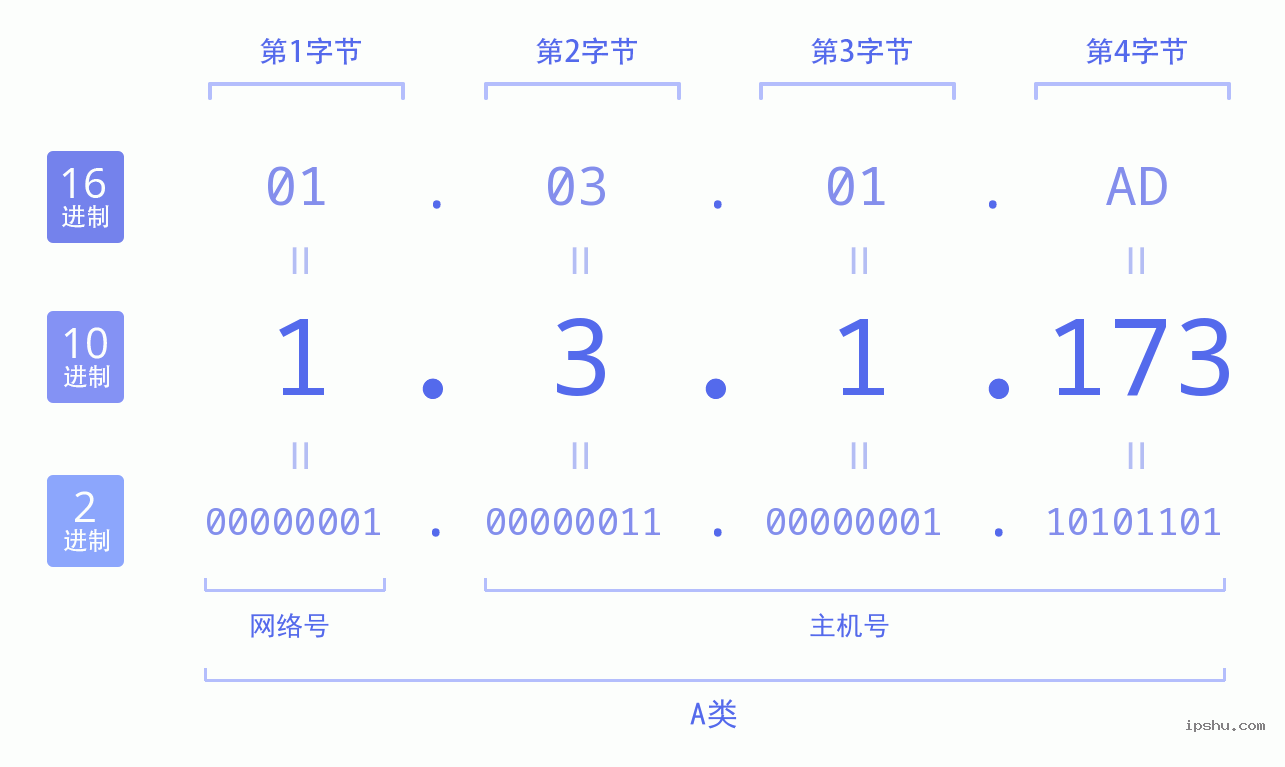 IPv4: 1.3.1.173 网络类型 网络号 主机号