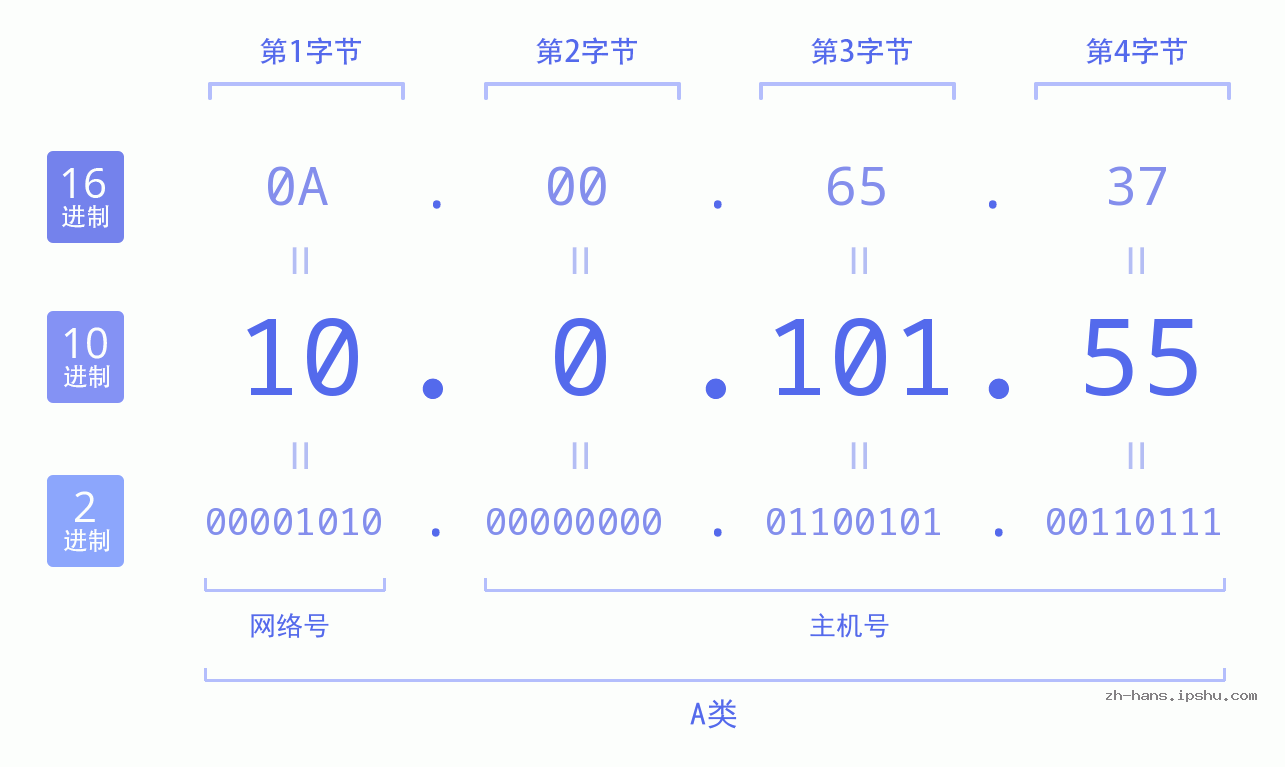 IP地址:10.0.101.55 数据结构图 二进制 十进制 十六进制 IPv4: 10.0.101.55 网络类型 网络号 主机号
