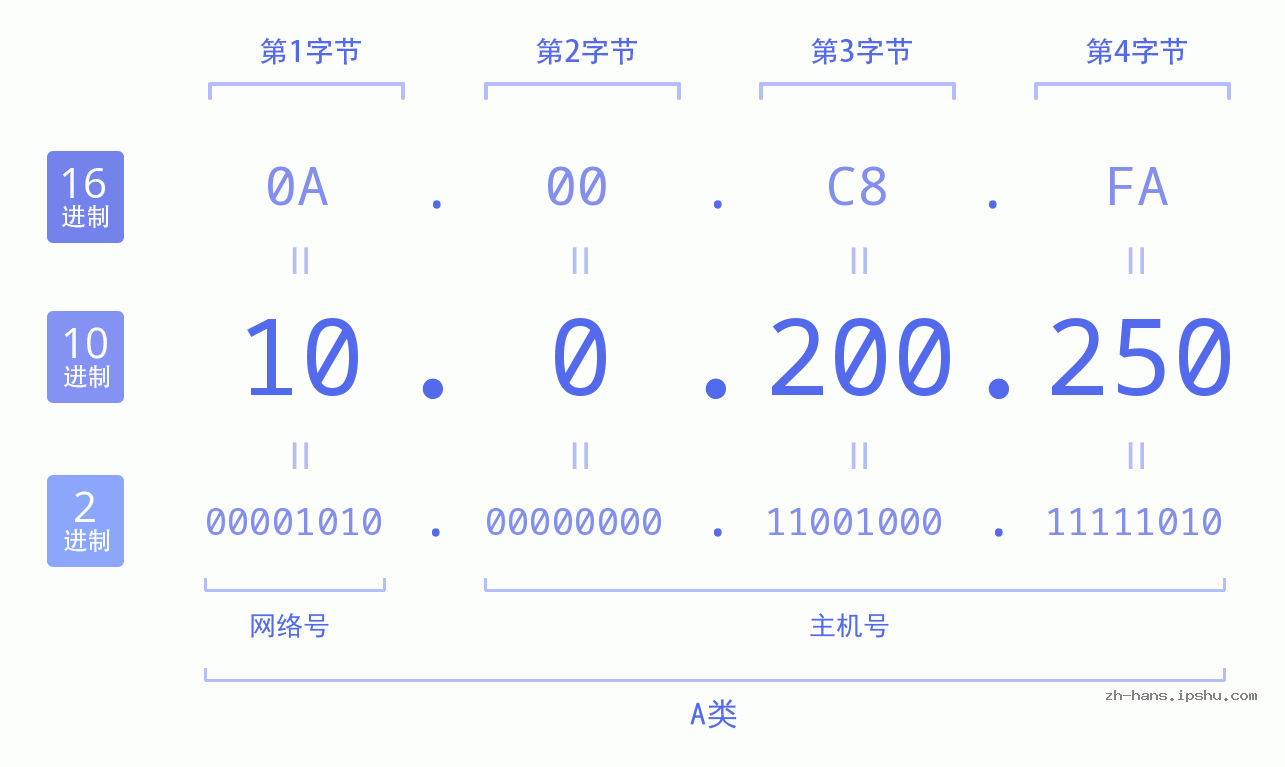 IP地址:10.0.200.250 数据结构图 二进制 十进制 十六进制 IPv4: 10.0.200.250 网络类型 网络号 主机号