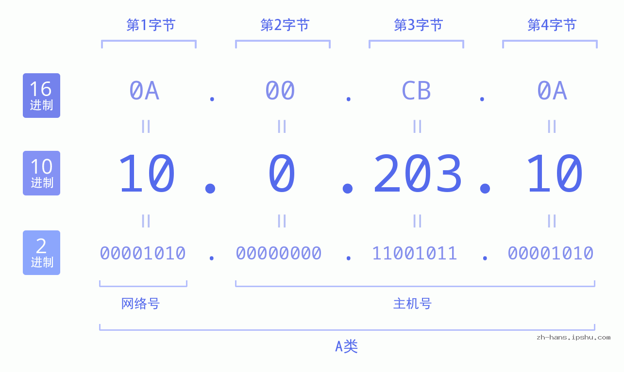 IP地址:10.0.203.10 数据结构图 二进制 十进制 十六进制 IPv4: 10.0.203.10 网络类型 网络号 主机号