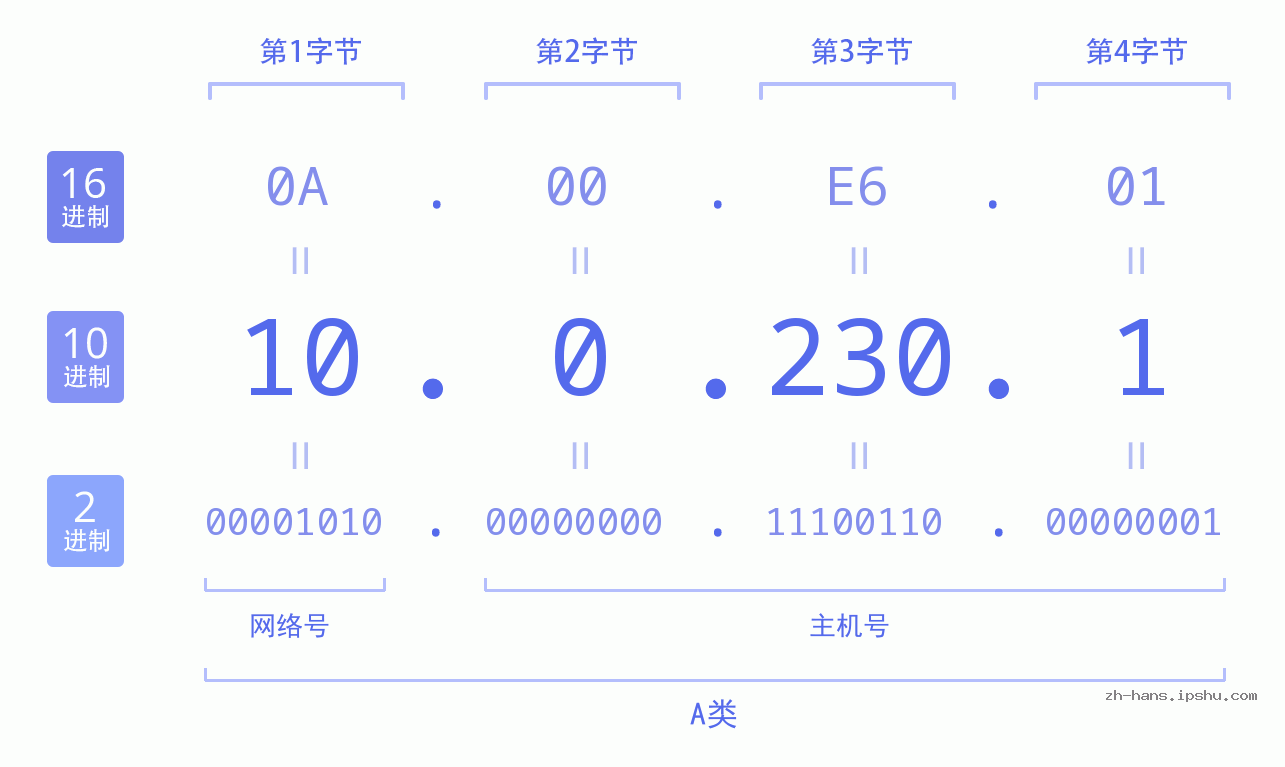 IPv4: 10.0.230.1 网络类型 网络号 主机号