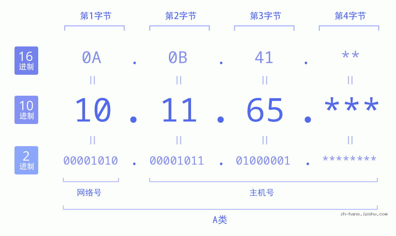 IP地址:10.11.65 数据结构图 二进制 十进制 十六进制 IPv4: 10.11.65 网络类型 网络号 主机号