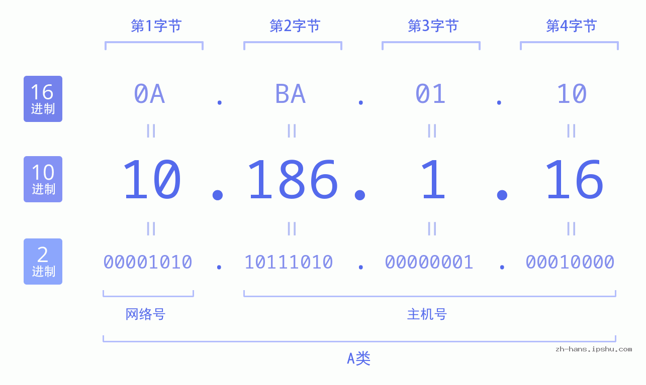 IP地址:10.186.1.16 数据结构图 二进制 十进制 十六进制 IPv4: 10.186.1.16 网络类型 网络号 主机号