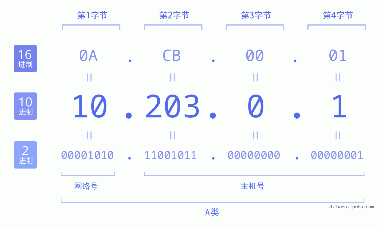 IP地址:10.203.0.1 数据结构图 二进制 十进制 十六进制 IPv4: 10.203.0.1 网络类型 网络号 主机号