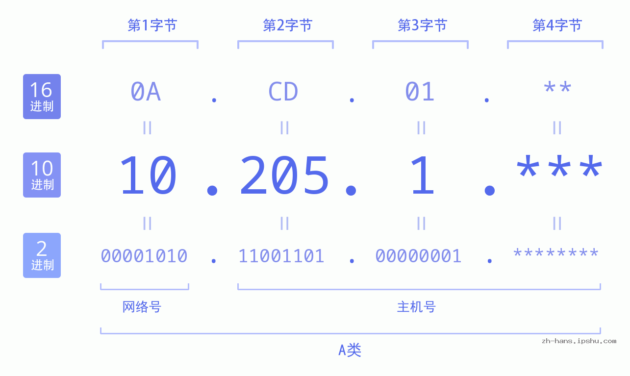IPv4: 10.205.1 网络类型 网络号 主机号