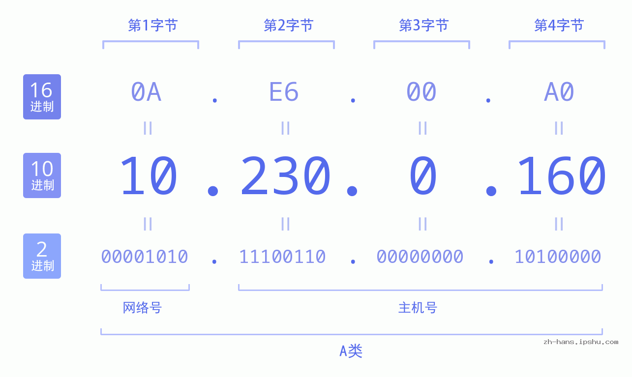 IPv4: 10.230.0.160 网络类型 网络号 主机号