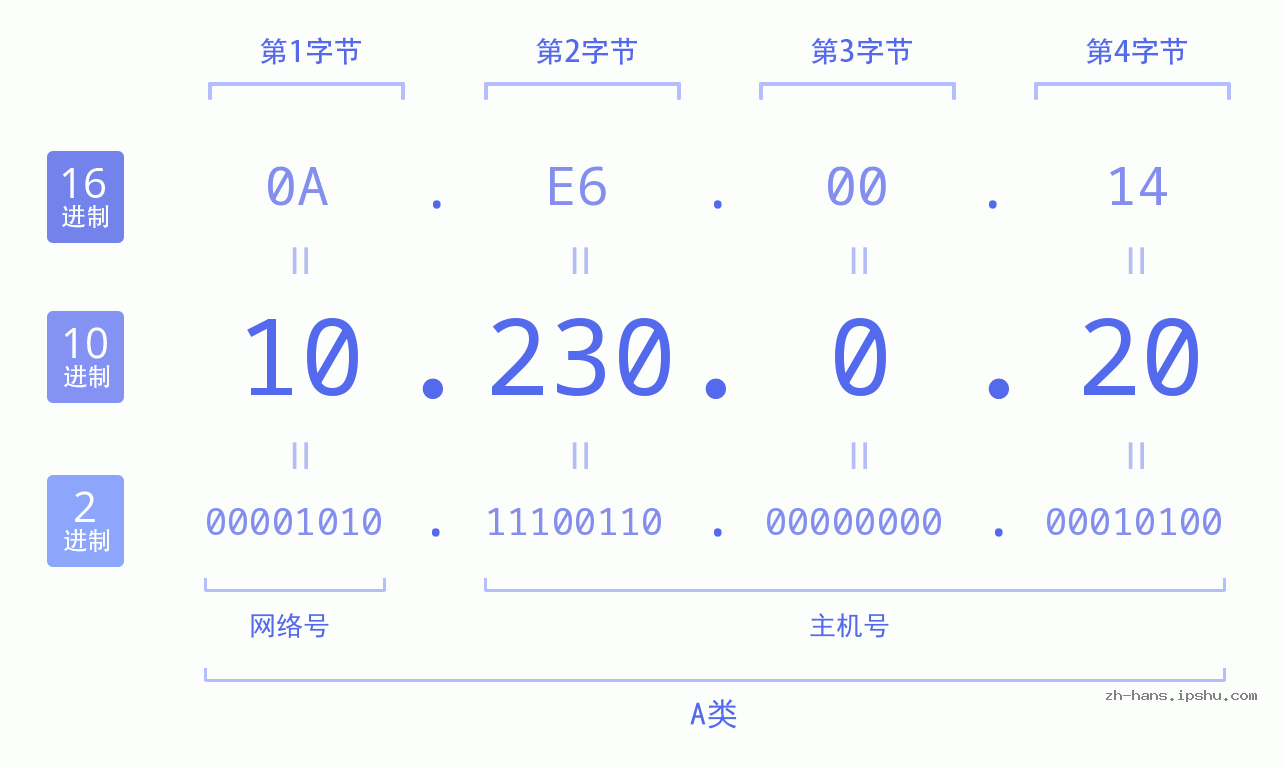 IPv4: 10.230.0.20 网络类型 网络号 主机号