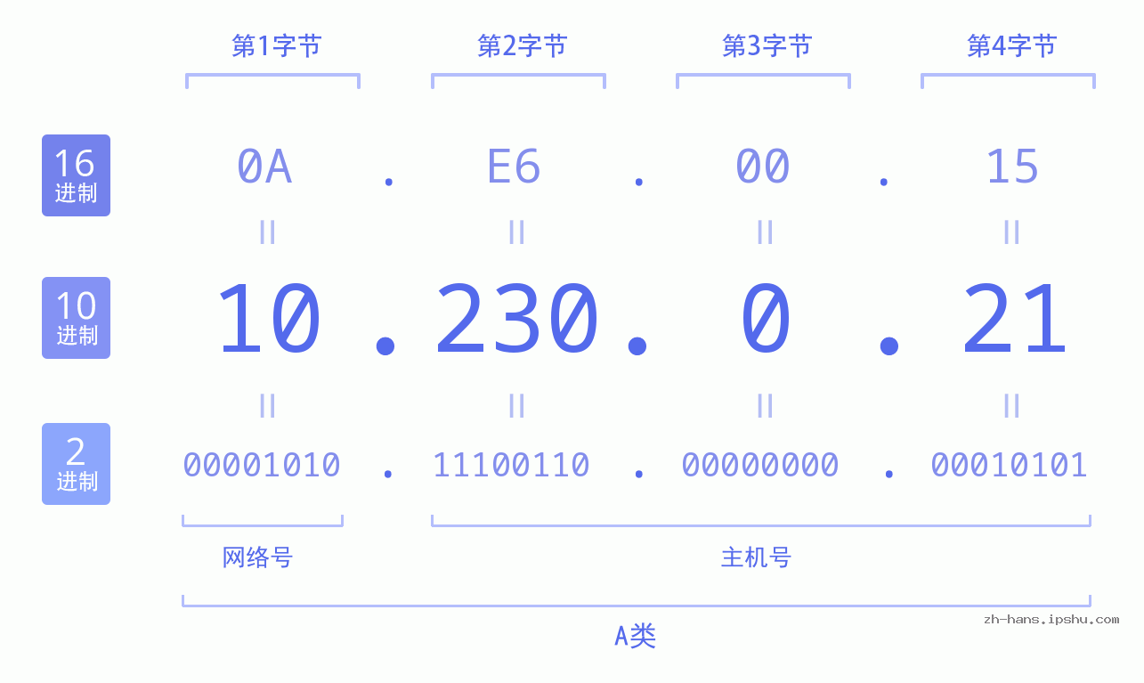 IPv4: 10.230.0.21 网络类型 网络号 主机号