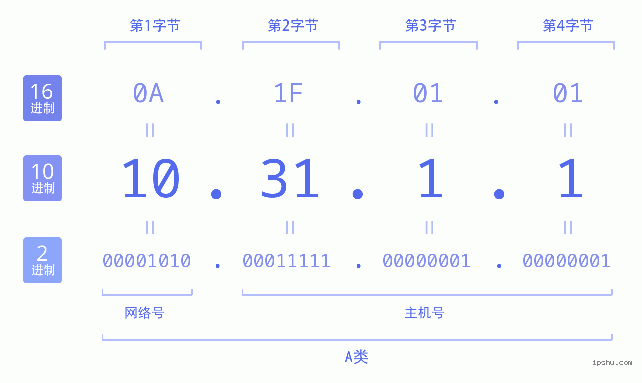 IPv4: 10.31.1.1 网络类型 网络号 主机号