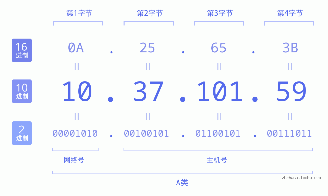 IP地址:10.37.101.59 数据结构图 二进制 十进制 十六进制 IPv4: 10.37.101.59 网络类型 网络号 主机号