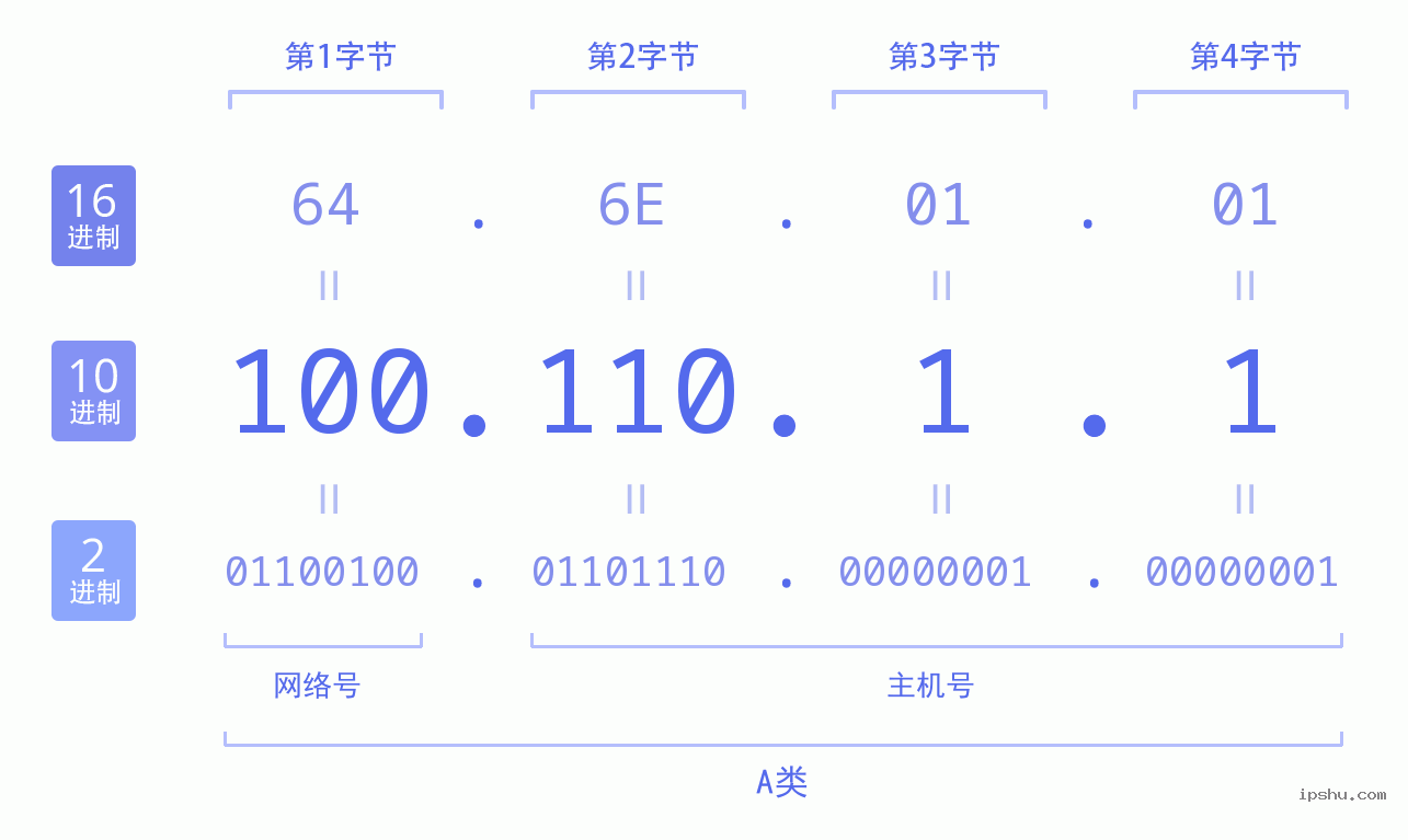 IPv4: 100.110.1.1 网络类型 网络号 主机号