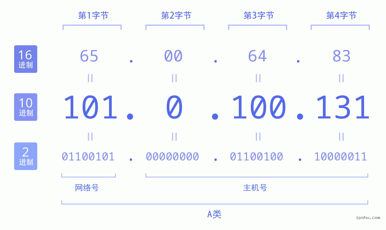 IPv4: 101.0.100.131 网络类型 网络号 主机号