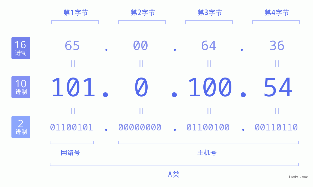 IPv4: 101.0.100.54 网络类型 网络号 主机号