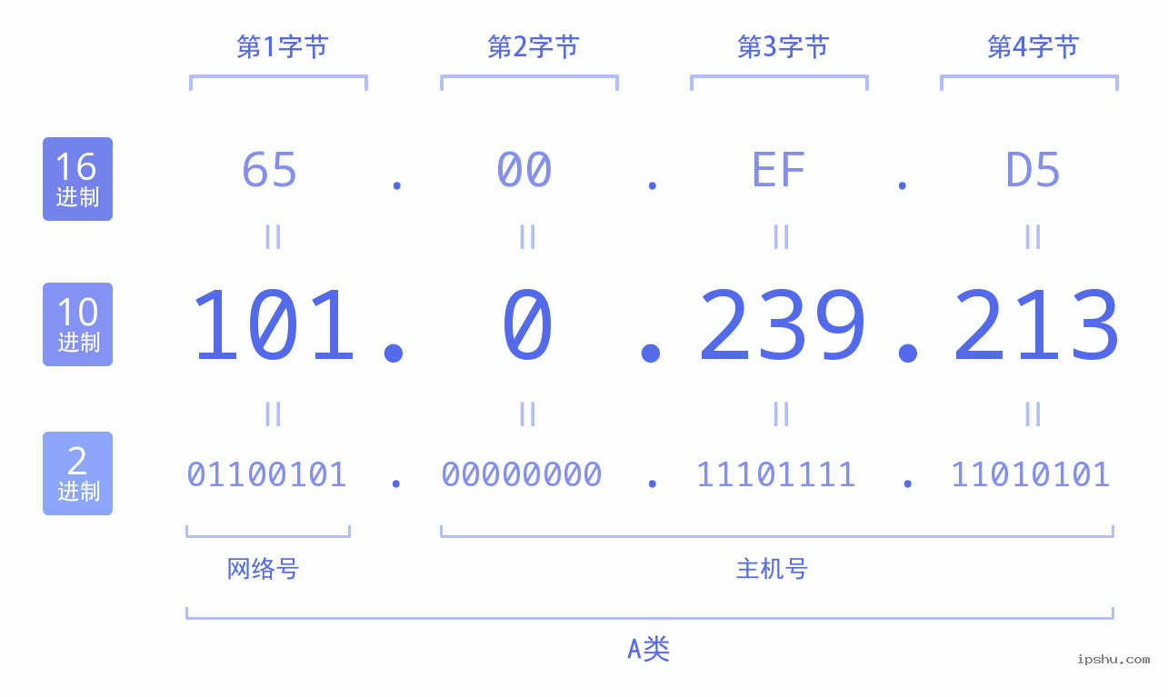 IPv4: 101.0.239.213 网络类型 网络号 主机号