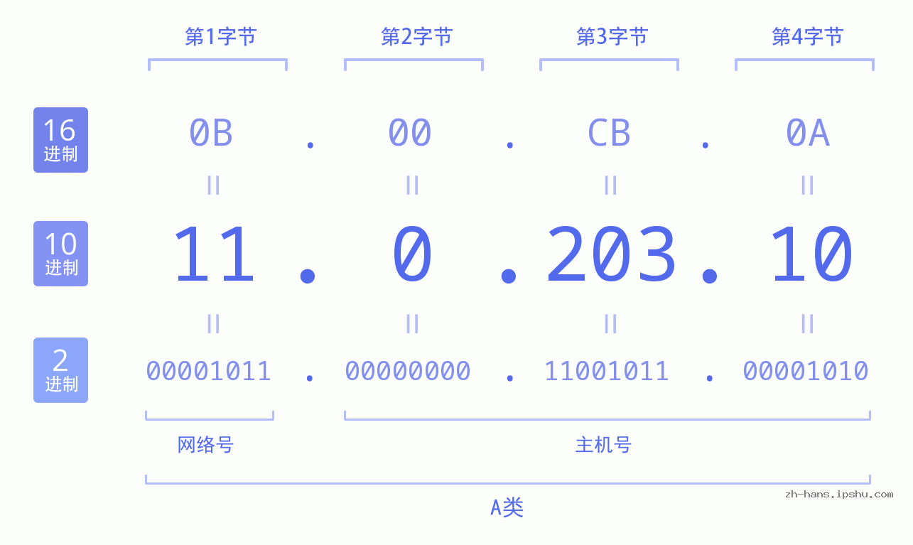 IP地址:11.0.203.10 数据结构图 二进制 十进制 十六进制 IPv4: 11.0.203.10 网络类型 网络号 主机号