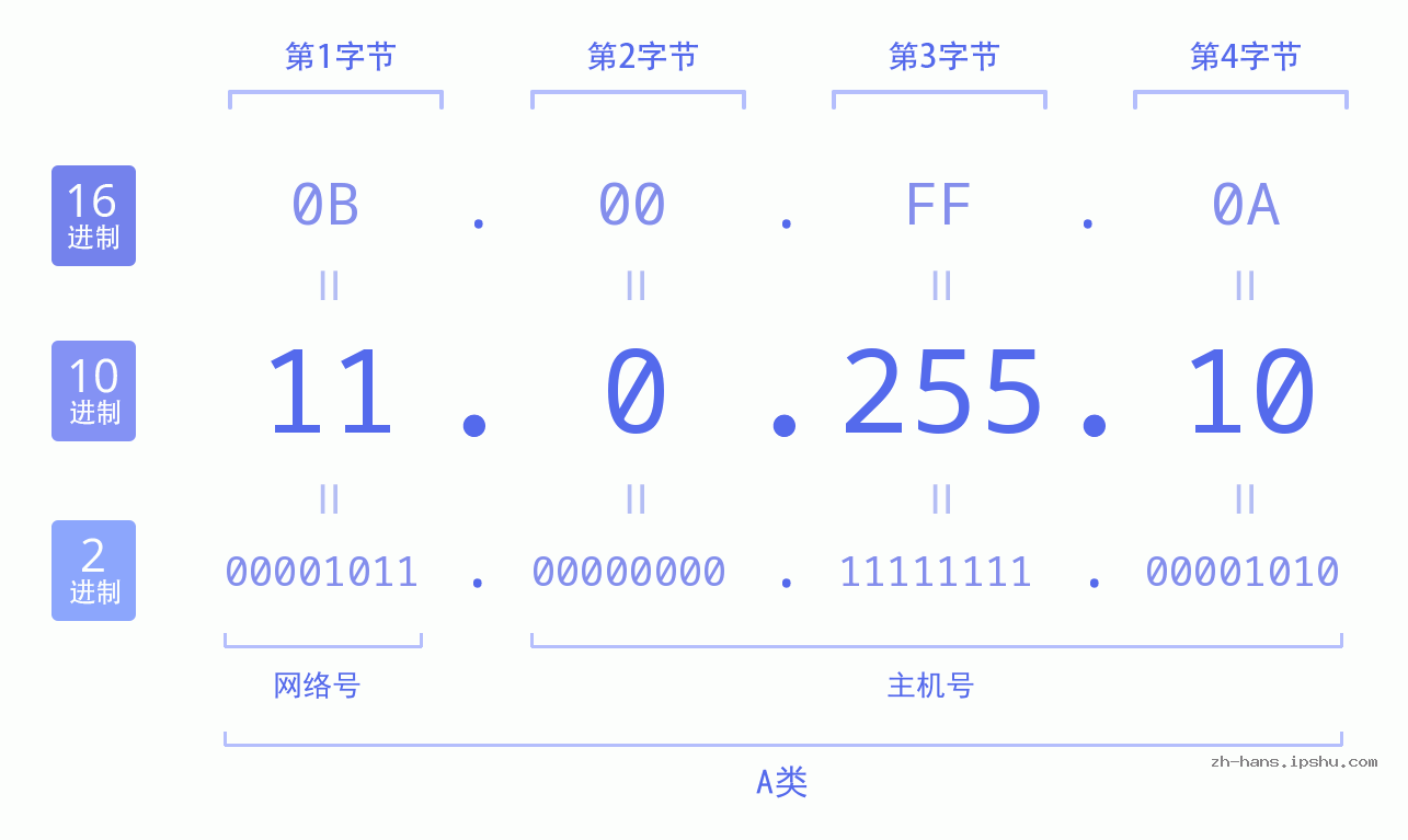 IP地址:11.0.255.10 数据结构图 二进制 十进制 十六进制 IPv4: 11.0.255.10 网络类型 网络号 主机号