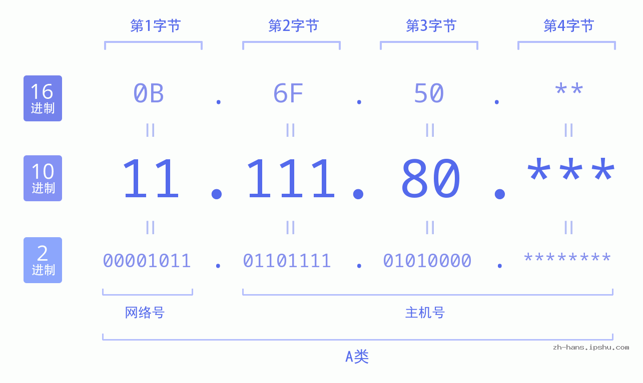 IP地址:11.111.80 数据结构图 二进制 十进制 十六进制 IPv4: 11.111.80 网络类型 网络号 主机号