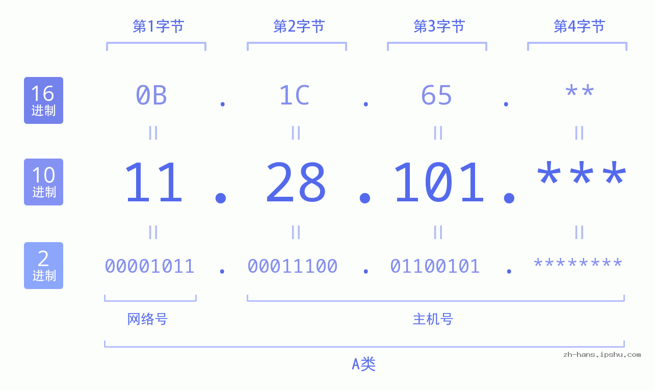 IPv4: 11.28.101 网络类型 网络号 主机号