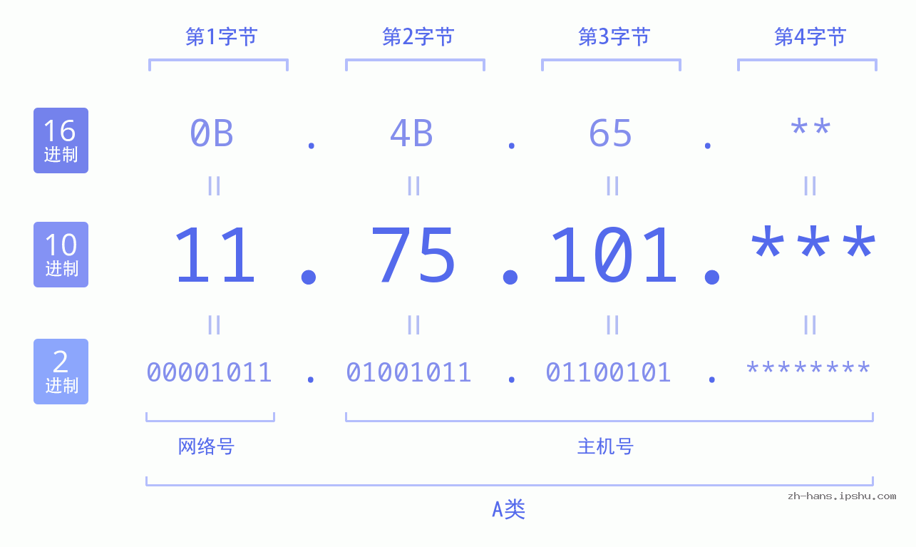 IP地址:11.75.101 数据结构图 二进制 十进制 十六进制 IPv4: 11.75.101 网络类型 网络号 主机号