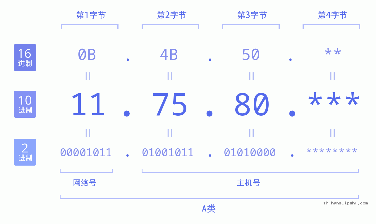 IP地址:11.75.80 数据结构图 二进制 十进制 十六进制 IPv4: 11.75.80 网络类型 网络号 主机号