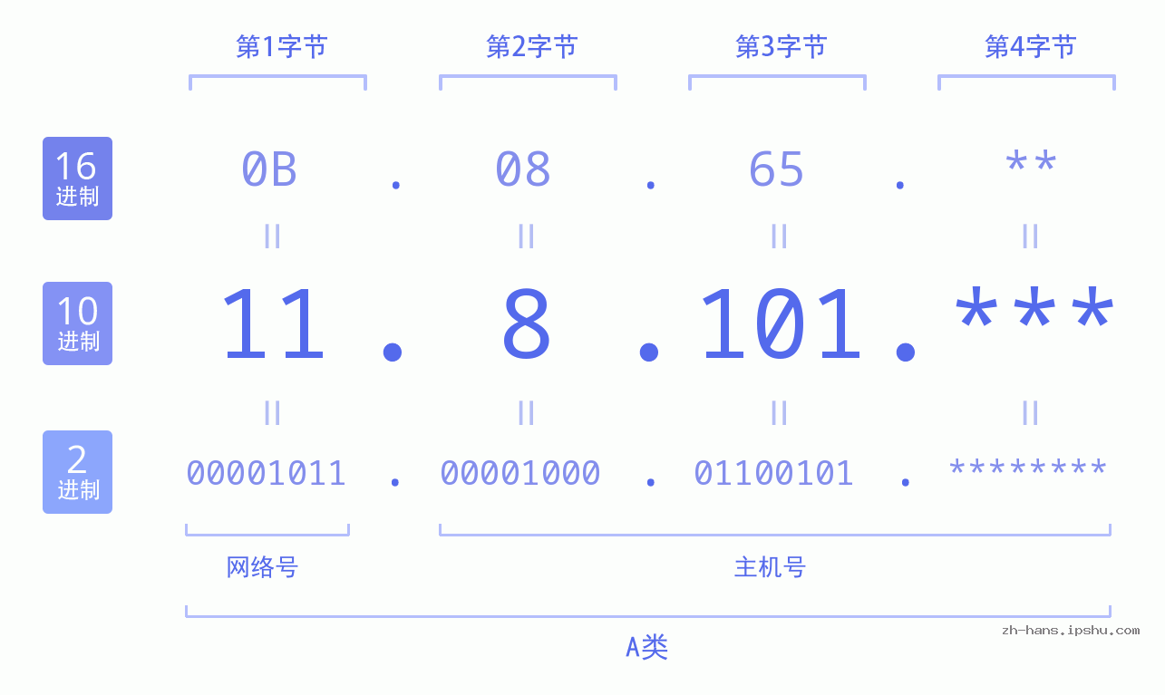 IP地址:11.8.101 数据结构图 二进制 十进制 十六进制 IPv4: 11.8.101 网络类型 网络号 主机号