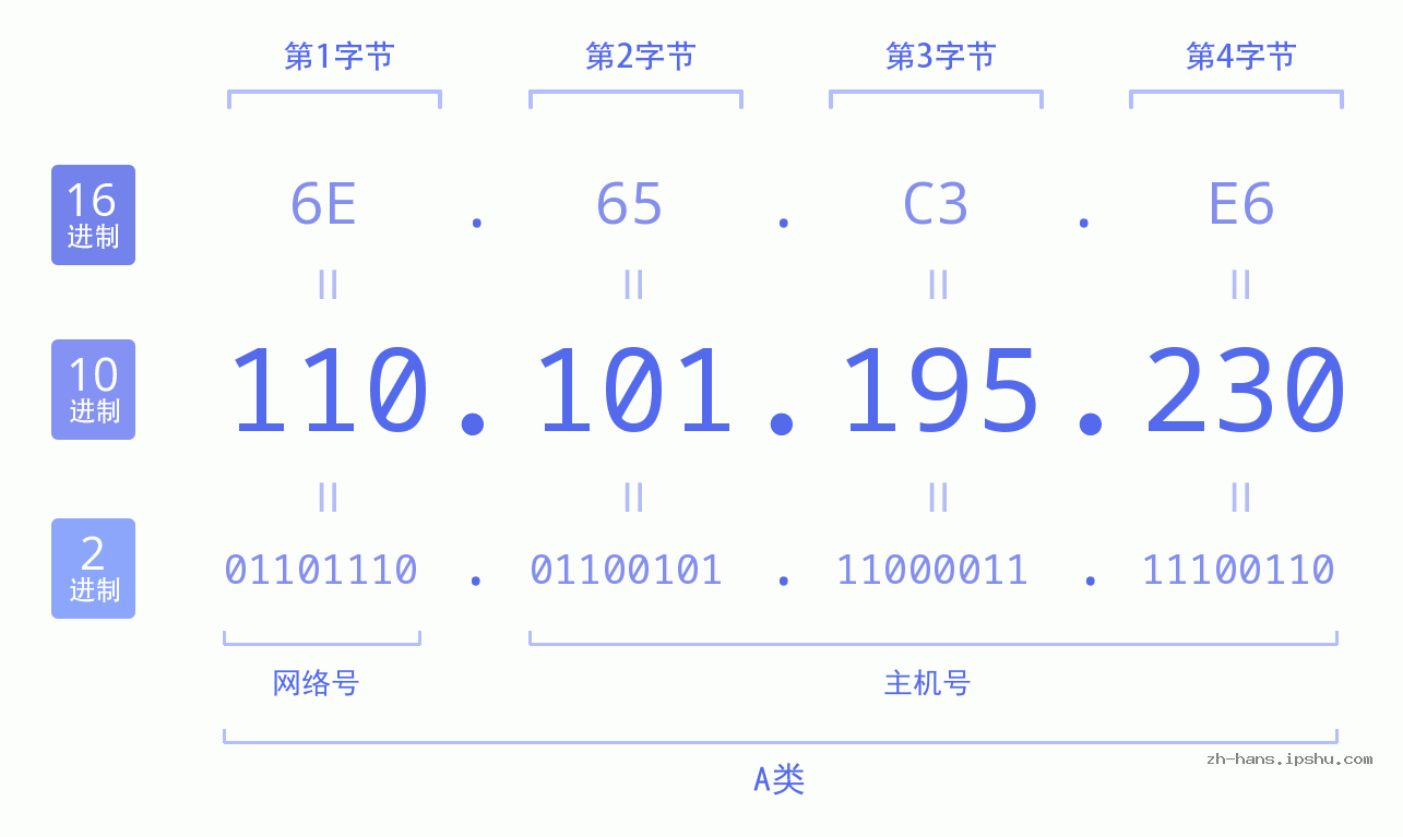 IPv4: 110.101.195.230 网络类型 网络号 主机号