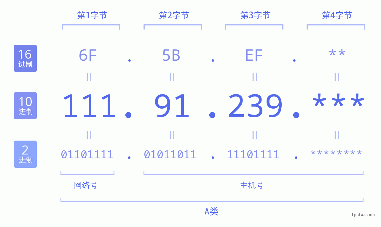 IPv4: 111.91.239 网络类型 网络号 主机号